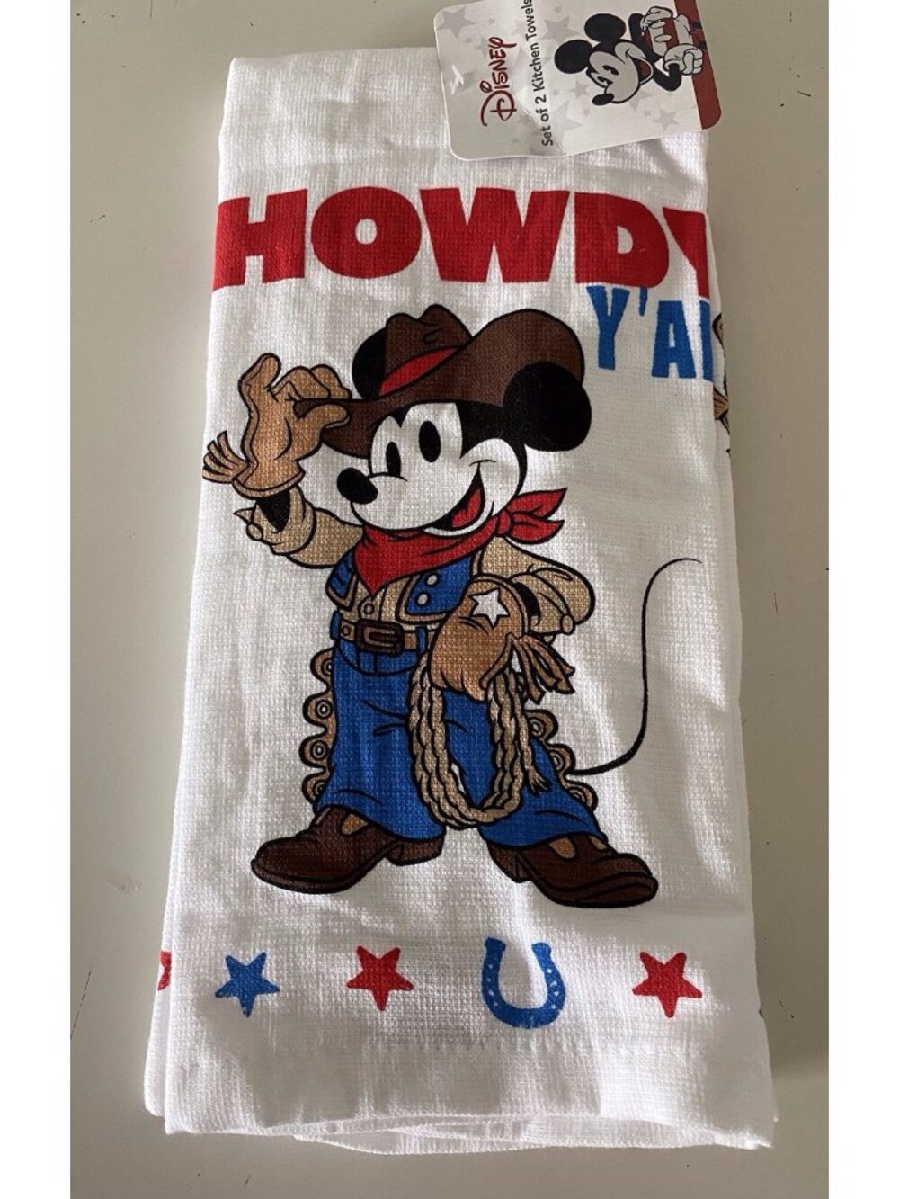 Set Of 2 Disney Mickey Mouse Kitchen Towels Howdy Y'All Patriotic Cowboy NEW